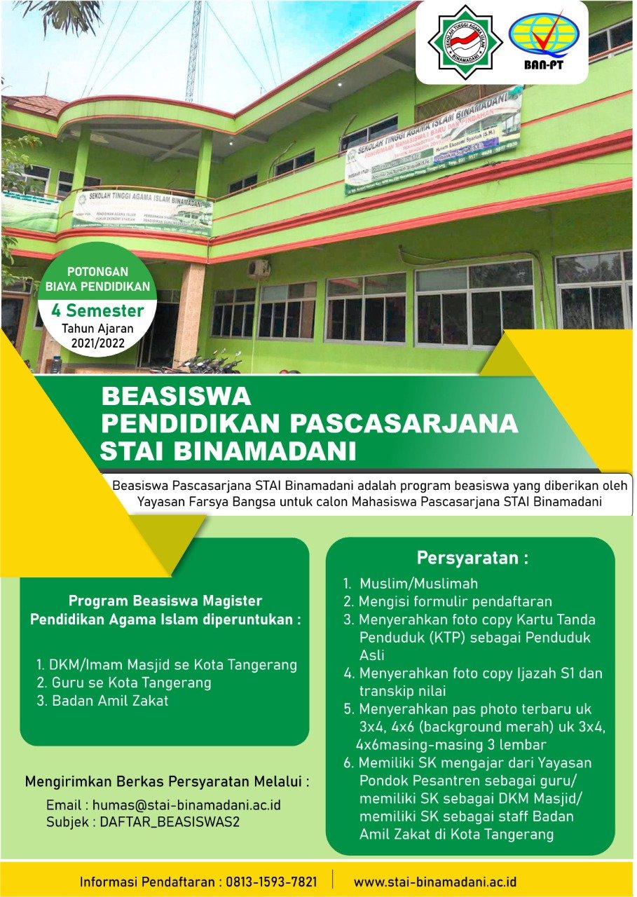 Beasiswa S2 Pai Bagi Guru,Dkm Masjid, Badan Amil Zakat Se Kota Tangerang T.a 2021/2022 - Sekolah Tinggi Agama Islam - Binamadani